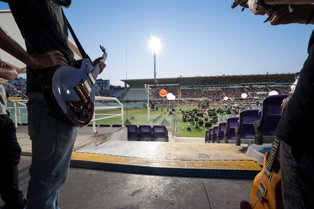 Florence, Italy - 2018, July 21: Musicians at the city arena during the ? ?? Rockin? ?? 1000 - That? ?? s Live?? , the biggest rock band in the world.のeditorial素材