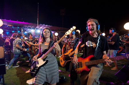 Florence, Italy - 2018, July 21: Musicians at the city arena during the ? ?? Rockin? ?? 1000 - That? ?? s Live?? , the biggest rock band in the world.のeditorial素材