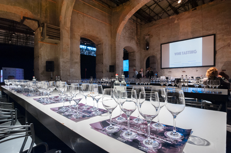 A table full of wineglasses, ready for the wine tasting masterclass.のeditorial素材