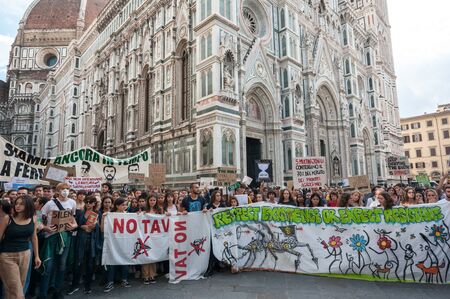 Florence, Italy - 2019, September 27: People crowds the city streets during the Global Climate Strike For Future Event.のeditorial素材