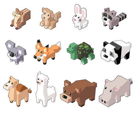Set vector illustration of cute isometric animals in minimal style. Isolated on background. (Part 3)のイラスト素材