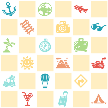 Colorful seamless background of travel/vacation pattern theme. Freehand drawing in cute style. Vector illustration.のイラスト素材