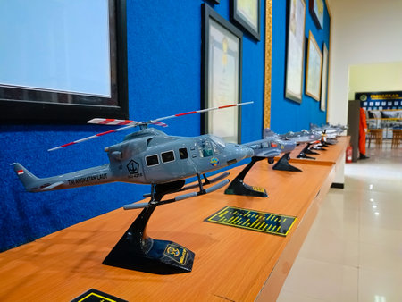 Surabaya, Indonesia - August 24, 2023 : helicopter and airplane miniatures on display at the R.E.B.O museum. Tjokroadiredjo, TNI AL Juanda air baseのeditorial素材