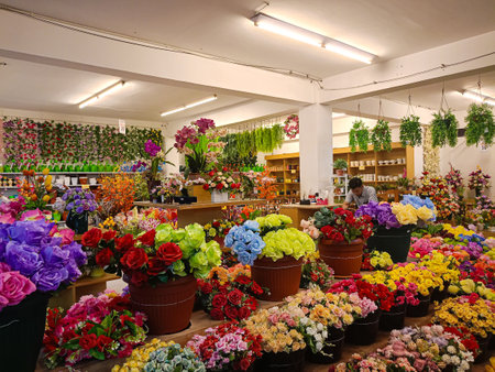 Kediri, Indonesia - 10 August 2023 : View of assortment of decor for interior shop in store of shopping center. View of ornamental plants, flower pot, home plant, flowers. View of home accessories for interior in shop fashion retailのeditorial素材