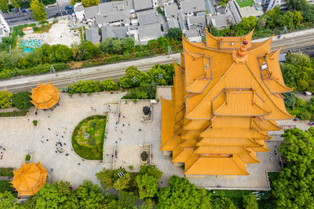Aerial photography of Yellow Crane Tower city landmark in Wuhan City, Hubei Province, Chinaの写真素材