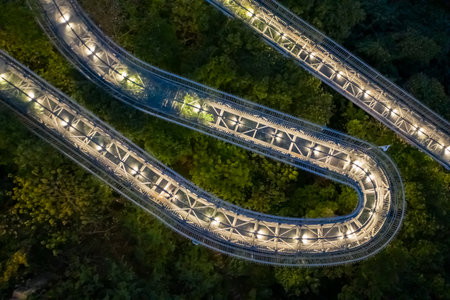 Aerial night view of urban forest trail (Fuzhou Fudao) in Fuzhou City, Fujian Province, China