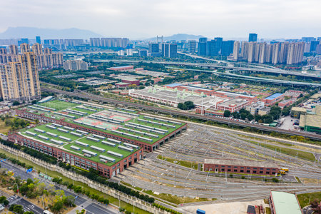 Aerial photography of the greening of the roof court and the railway track turnout of the Gushan...