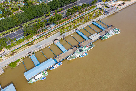 Aerial photography of small boat wharf along the Minjiang River in Fuzhou City, Fujian Province,...