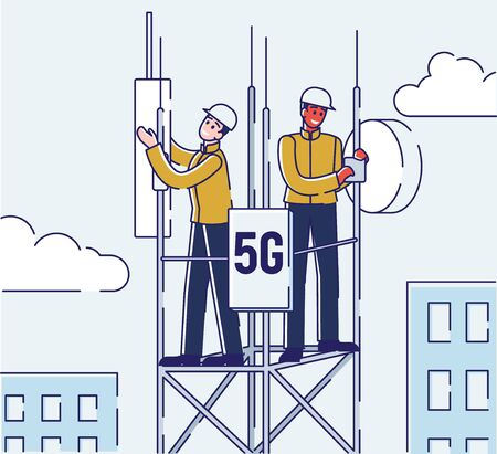 5G Network WirelessTechnology Concept. Workers on Repeater Tower Setting Up High-speed Mobile Internet. High Speed Internet for People Communication.のイラスト素材