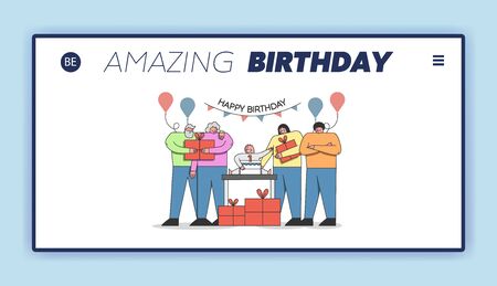 Happy Birthday Party Celebration Concept. Website Landing Page. Family Celebrate Babys First Birthday, Prepare, Bringing and Give Him Gifts.Web Page Cartoon Outline Linear Flat Vector Illustrationのイラスト素材
