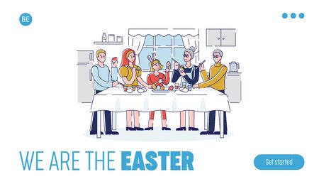 Happy Easter Concept. Website Landing Page. Happy Family Spending Time Together At home Decorating Easter Eggs. Web Page Cartoon Outline Linear Flat Vector illustrationのイラスト素材