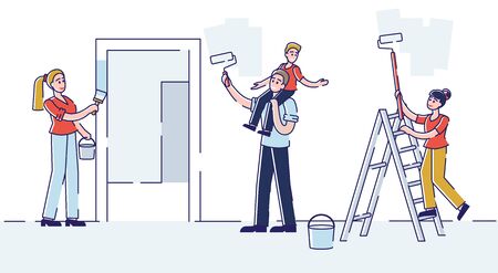 Happy Family with Kids Repair Home Painting Wall with Rollers Making Room Renovation. Parents and Children Useful Activity, People Moving to New House, Cartoon Flat Vector Illustration, Line Artのイラスト素材