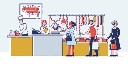 Butchery Shop Concept. People Are Choosing And Buying Meat And Meat Products. Sellers Offers Fresh Assortment Of Various Types of Products. Set Of Cartoon Linear Outline Flat Vector Illustrationのイラスト素材
