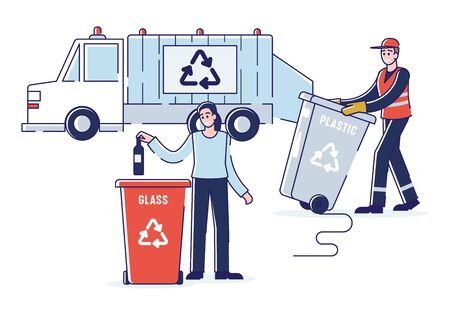 Recycling And Zero Waste Concept.Woman Is Sorting Garbage Throwing Bottle Into Recycle Bin. Refuse Collector Loading Waste Into Garbage Truck. Cartoon Outline Flat Vector Illustrationのイラスト素材