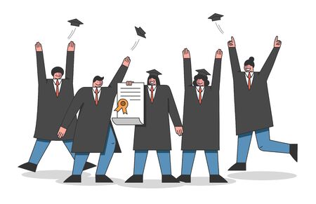 Concept Of University Courses And Graduation. Students Celebrate The End Of Academy Training. Man and Woman In Academic Dresses Hold A Diploma. Cartoon Linear Outline Flat Style. Vector Illustrationのイラスト素材