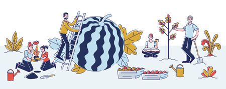 Gathering Harvest Concept. Group Of People Men and Women are Working Together On The Farm, Planting Flowers And Trees, Gathering Fruits in The Garden. Cartoon Linear Outline Flat Vector Illustrationのイラスト素材
