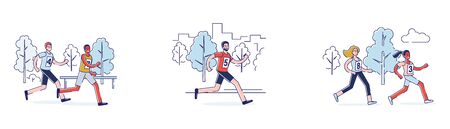 Concept Of Running Marathon. People Dressed in Sports Clothes Run Marathon Race. Participants of...