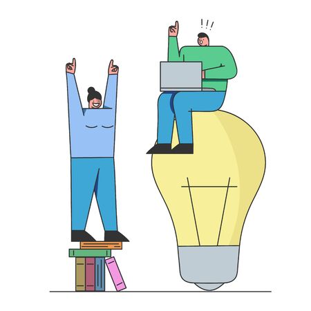 Concept Of Find Startup Ideas, Analysis Of Solutions And Launch New Business. Creative Team Work Together, Find New Ideas And Launch Startups. Set Of Cartoon Linear Outline Flat Vector illustrationのイラスト素材