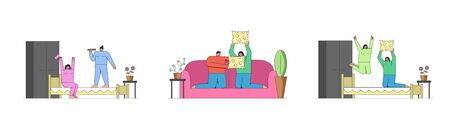 People Pastimes Concept. People Are Spending Time At Home. Young Couple Is Having Pillow Battle On the Sofa and Girls Are Having Pajamas Party. Set Of Cartoon Outline Linear Flat Vector Illustrationのイラスト素材