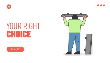 Home Repair Concept. Website Landing Page. Professional Repair Worker Modernizare Of a House. Cartoon Character Is Putting Up Shelves On The Wall. Web Page Cartoon Linear Outline Vector Illustrationのイラスト素材