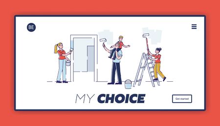 Parents and Children Moving to New House Website Landing Page. Happy Family with Kids Repair Home Painting Walls, Making Room Renovation Web Page Banner. Cartoon Flat Vector Illustration, Line Artのイラスト素材