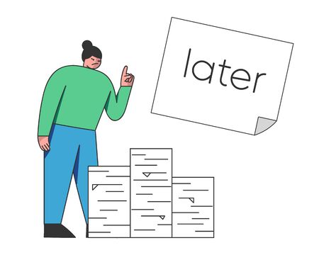 Concept of Deadline, Term and Time Waste. Procrastinating Woman Decides To Postpone the Paper Work For Later. Outline Linear Flat Vector Illustrationのイラスト素材