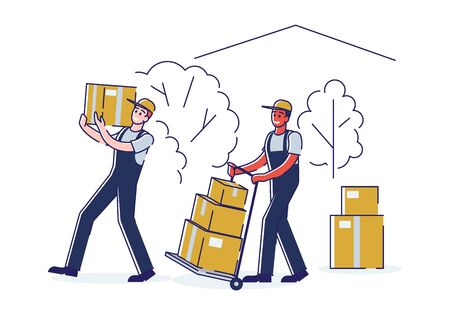 Relocation and Moving into New House Concept. Workers Wearing Uniform Pushing Trolley with Cardboard Boxes. Professional Delivery Company Loader Service Cartoon Flat Vector Illustration, Line Artのイラスト素材