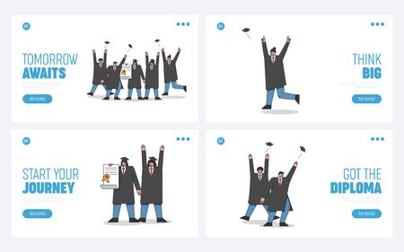 Concept Of Graduation. Website Landing Page. Happy Students In Graduation Gowns Happy To Finish Course, Having Fun, Throwing Up Caps.のイラスト素材