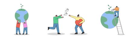 Concept Of Earth Day Environment protection. Cartoon Males And Females Characters Are Celebrating Earth Day. Men And Women Show Love To Nature. Set Of Cartoon Linear Outline Flat Vector Illustrationsのイラスト素材