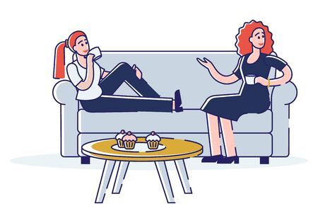 Young Women Are Communicating and Spending Time Together. Friends Are Talking And Relaxing With Hot Drinks. Cartoon Outline Linear Flat Vector illustrationのイラスト素材