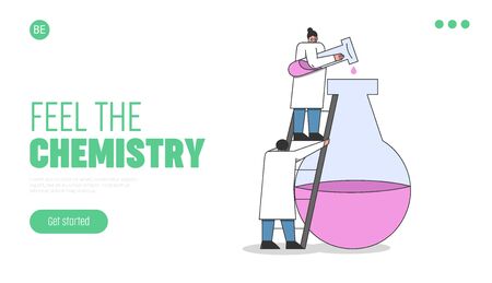 Laboratory Exploring And Experiments Concept. Website Landing Page. Chemistry and Laboratory Technician Are Making An Chemical Experiment. Web Page Cartoon Linear Outline Flat Vector Illustrationのイラスト素材