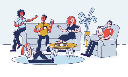 Friends Are Communicating and Spending Time Together At Home. Young People Talking, Relaxing With Hot Drinks and Eating Cupcakes. Cartoon Outline Linear Flat Vector illustrationのイラスト素材