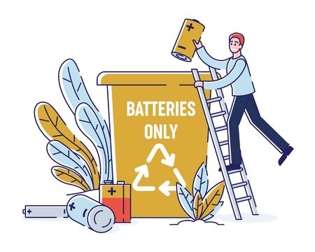Used Batteries Recycling, Cleaning Environment Concept. Man Collect Used Batteries And Throw It Into Garbage Container With Recycling Sign On The Side. Cartoon Linear Outline Flat Vector illustrationのイラスト素材