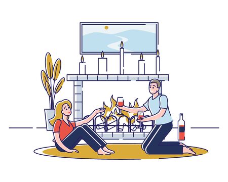 Concept Of Romantic Evening. Young Happy Couple In Love Is Spending Unforgettable Time Together At The Fireplace With Candles. Characters Drink Wine. Cartoon Linear Outline Flat Vector Illustrationのイラスト素材