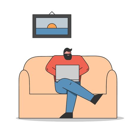 Creative Office Concept. Freelance, Remote Work And Self-Employment. Freelancer Or Businessmen Is Working On Laptop Sitting On The Office Sofa. Cartoon Linear Outline Flat Style. Vector Illustrationのイラスト素材