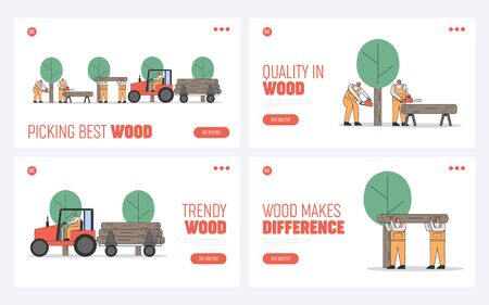 Process Of Cutting, Transportation Trees. Website Landing Page. Professional Sawmill Workers Work In The Forestのイラスト素材