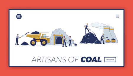 Website Landing Page. Work Crew Is Mining Coal Together By Means Equipment And Transport For The Further Delivery To The Thermal Power Plant. Web Page Cartoon Linear Outline Flat Vector Illustrationのイラスト素材