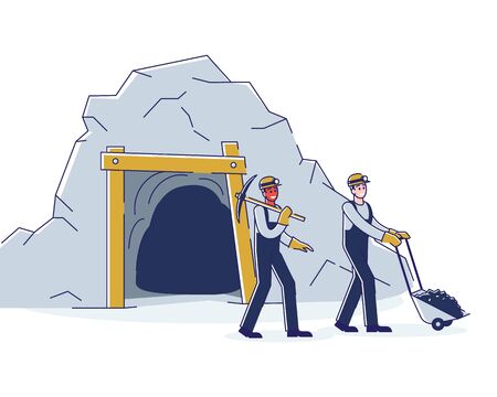 Concept Of Coal Mining, Extraction Industry. Workers are Mining Coal By Means Tools And Carrying It From Mine On Cart To The Warehouse Or Plant. Cartoon Linear Outline Flat Style. Vector Illustrationのイラスト素材