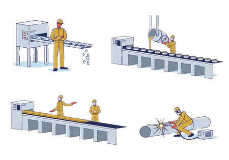 Metallurgical Industry Concept. Characters Work At Metallurgical Plant Melting Steel, Control Processes Of Manufacturing Metal. Factory Workshop. Cartoon Linear Outline Flat Vector Illustrations Set