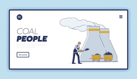 Coal Mining Concept. Website Landing Page. Miner Mine And Load Coal Into Trolley By Means Shovel For Further Delivery To Thermal Power Plant. Web Page Cartoon Linear Outline Flat Vector Illustrationのイラスト素材