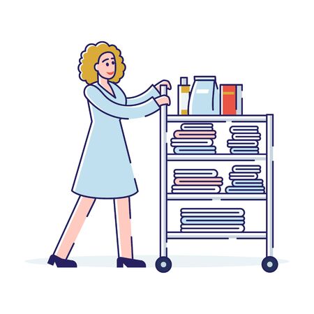 Concept Of Room Service, Cleaning Hotel Rooms. Female Character Pushing The Cart With Clean Towels And Cleaning Agents. Chambermaid with Clean Towels. Cartoon Linear Outline Flat Vector Illustrationのイラスト素材