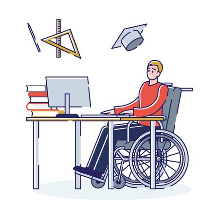 Concept Of Elearning, Distant Self Education. Handicapped Student In The Wheelchair Takes A Remote Online Course Learning Favourite Profession. Cartoon Linear Outline Flat Style. Vector Illustrationのイラスト素材