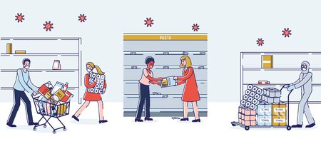 Concept Of Coronavirus Panic Shopping. People In Panic Buying Lots Of Food, Fighting Because Of Food Supply Deficit At Supermarket With Empty Shelves. Cartoon Linear Outline Flat Vector Illustrationのイラスト素材