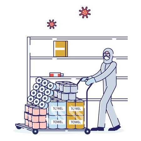 Concept Of Panic During Coronavirus. Man, Supermarket Warehouse Worker In Protective Clothes Carry A Cart With Full Of Paper Towels And Toilet Paper. Cartoon Linear Outline Flat Vector Illustrationのイラスト素材