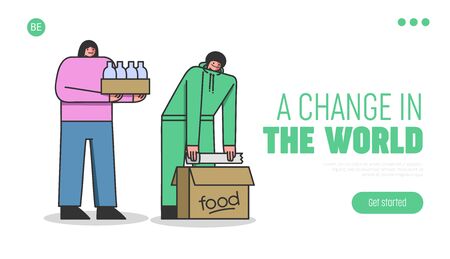 Food Donation Concept. Website Landing Page. Woman Brings Food To Shelter. Volunteer Packs It To a Cardboard To Donate To Poor People. Web Page Cartoon Linear Outline Flat Style. Vector Illustrationのイラスト素材