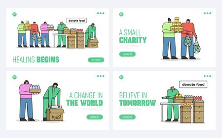 Food Donation Concept. Website Landing Page. People Are Donating Food Supply Voluntarily. Characters Bring Lots Of Food To Shelter. Web Page Cartoon Linear Outline Flat Style Vector Illustrations Setのイラスト素材