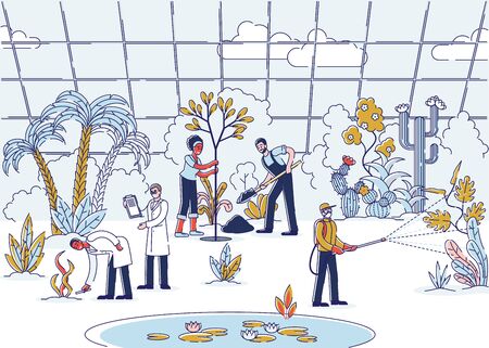 Concept Of Agriculture And Farming. People Growing, Planting And Care Of Plants, Flowers And Trees, Dig Soil, Spray Fertilizers In Garden Greenhouse. Cartoon Linear Outline Flat Vector Illustrationのイラスト素材