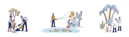 Concept Of Agriculture Insustry. Characters Gardening And Care Of Plants, Flowers And Trees, Dig Soil, Spray Fertilizers In Garden Greenhouse. Cartoon Linear Outline Flat Vector Illustrations Setのイラスト素材
