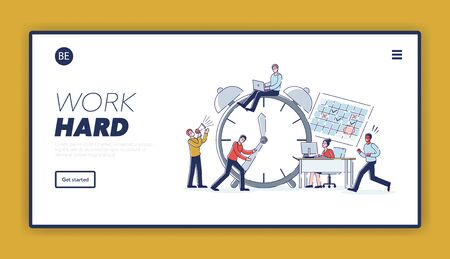 Website Landing Page. Leadership Urging Staff In Office Manage Work Time Correctly And Follow Deadlines. Man Try To Stop Watch Holding Arrow. Web Page Cartoon Linear Outline Flat Vector Illustrationのイラスト素材