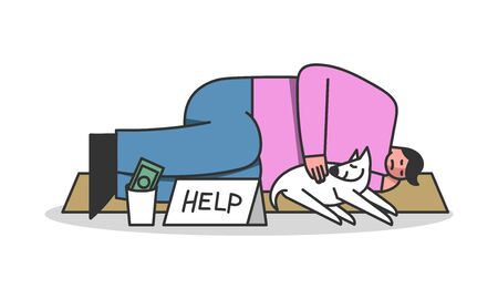 Homeless man sleeping outdoors with dog. Unemployed poor beggar character need helpのイラスト素材